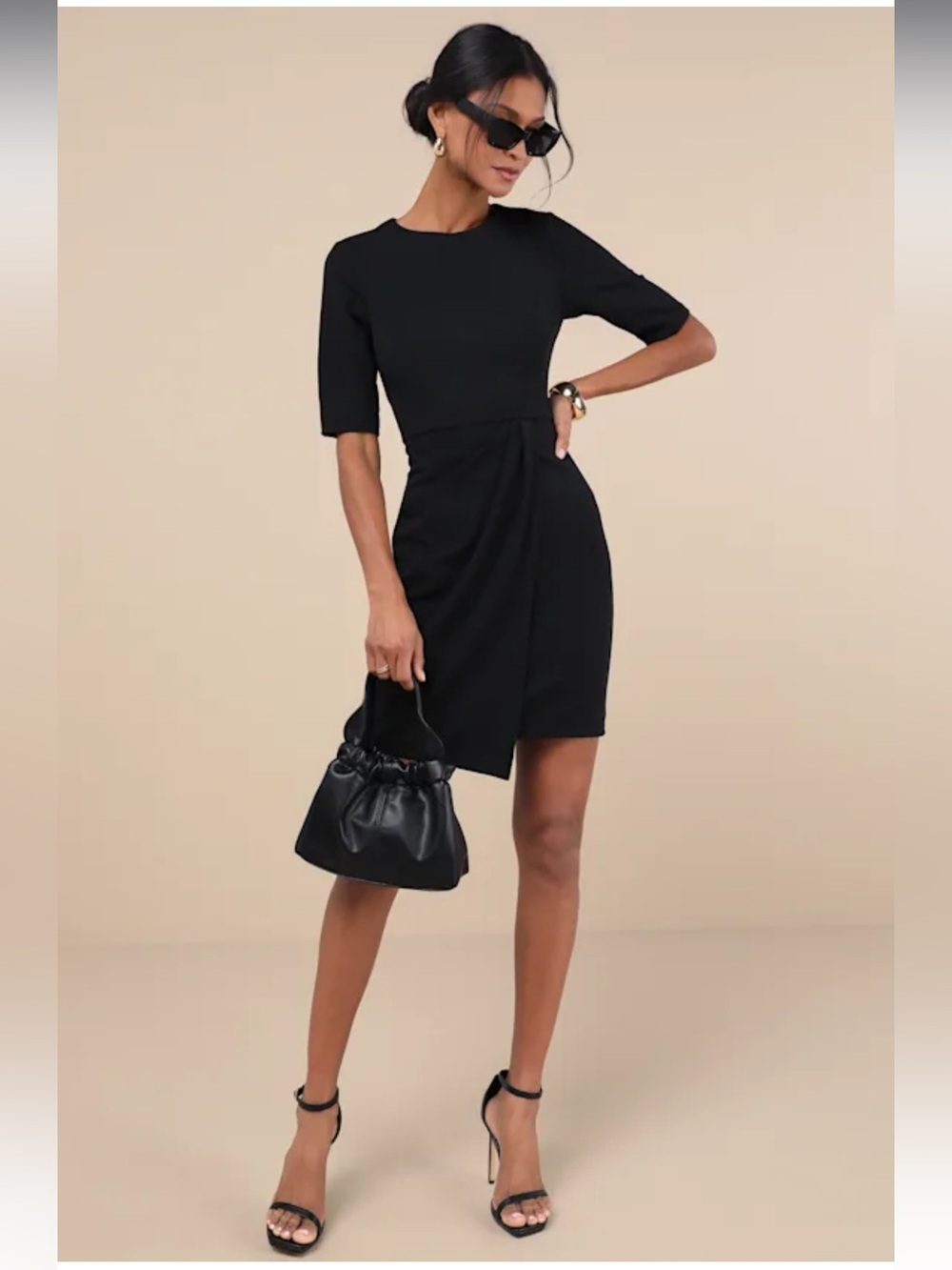 Lulu's Black Midi Sheath Dress with Draped Front